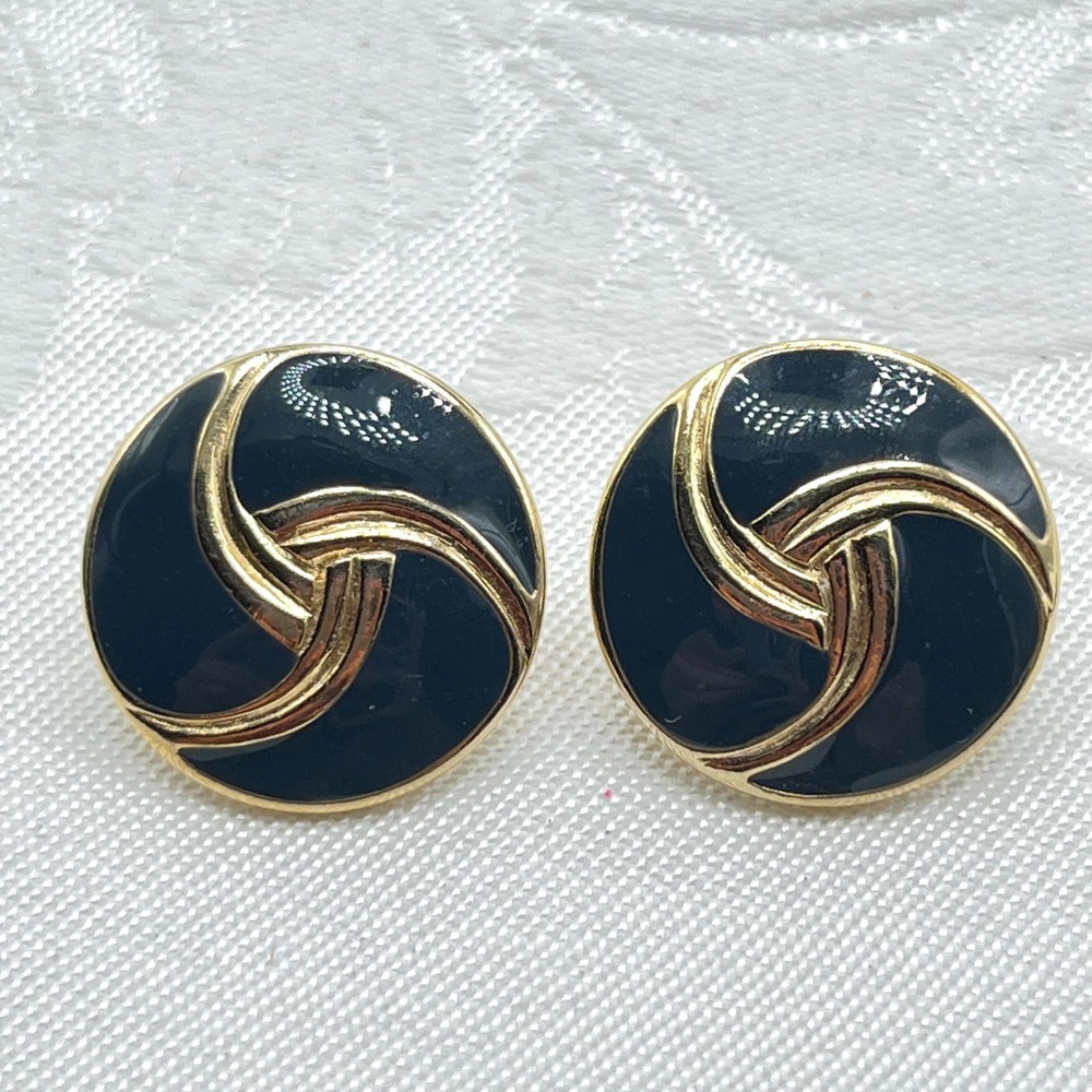 Vintage 80s Gold Tone and Navy Enamel Knotted Stud Costume Jewelry Earrings